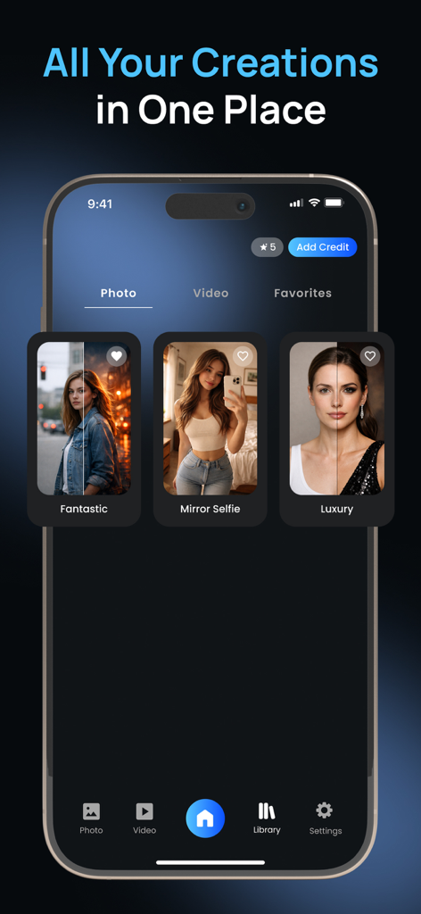 Pixoo-AI Photo&Video Generator - Pixoo app interface showing a library of AI generated photos in various styles