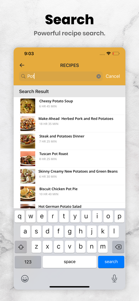 Tasty Slow Cooker Recipes - 맛있는 슬로우 쿠커 레시피 앱의 검색 인터페이스로, 다양한 감자 레시피 결과가 표시됩니다.