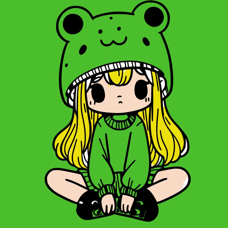 a girl wearing a frog hat and some frog socks