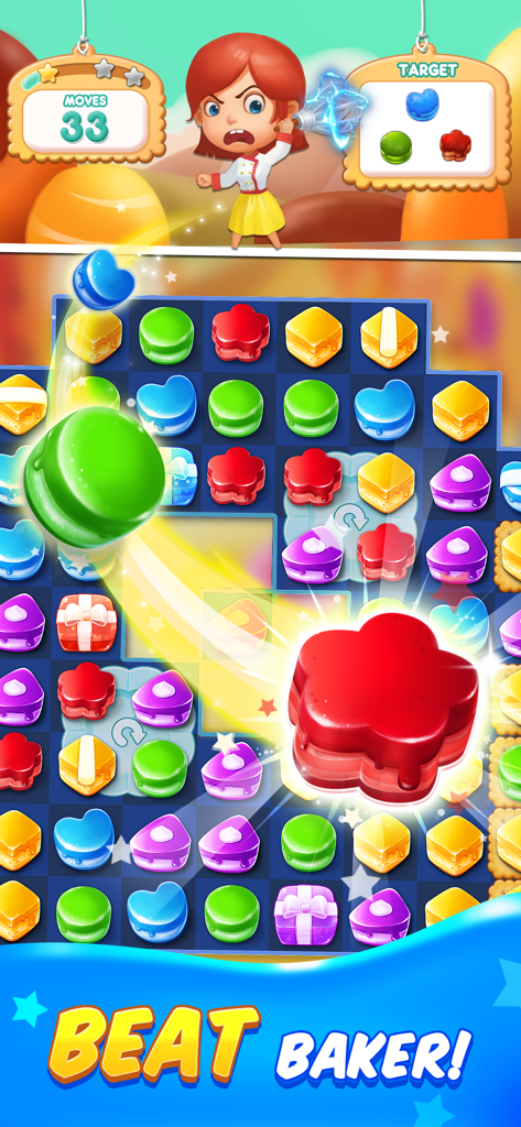 Candy Match 3 Mania gameplay showing a colorful puzzle board with the Beat Baker challenge
