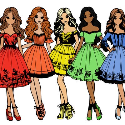 5 beautiful girls in dresses realistic