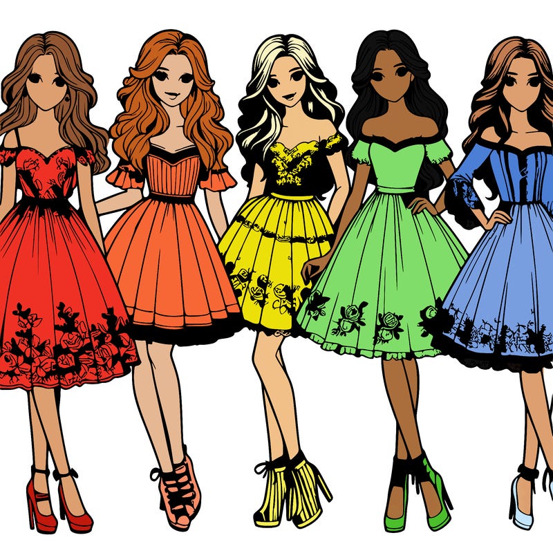 5 beautiful girls in dresses realistic