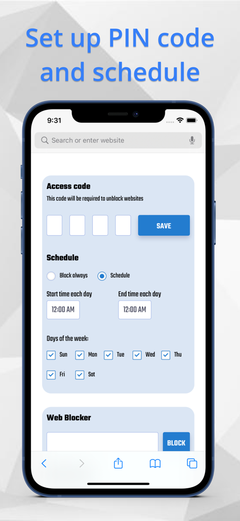 Interface of the Web Blocker app showing settings for a 4-digit access code and a customizable weekly schedule to block websites.