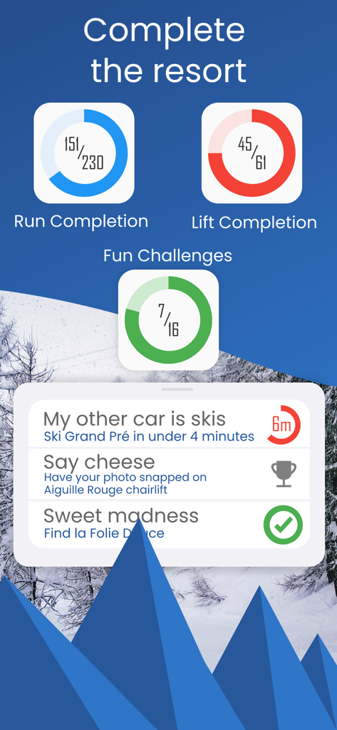Piste: Ski Tracker - Interface de l'application Piste montrant les statistiques d'achèvement des descentes, d'utilisation des remontées et les défis de montagne.
