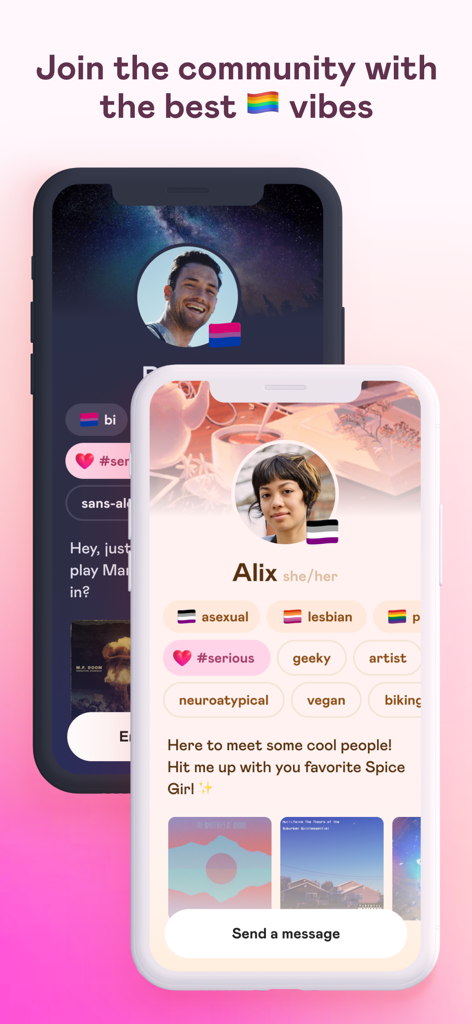 Deux écrans de smartphone montrant les profils d'utilisateurs avec des étiquettes d'identité sur le réseau social LGBTQ Vibes.