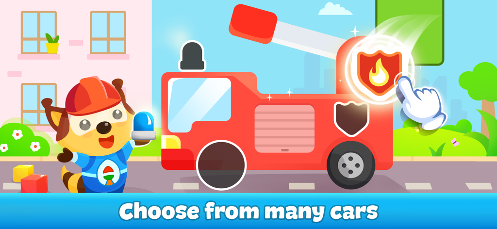 Kids Car Games: Build and Race - 子供向けの車の選択画面に登場する、カートゥーンの消防車とアライグマのキャラクター