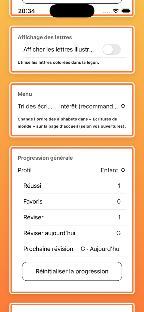 Página de configuración que muestra el progreso de aprendizaje del estudiante y las opciones de personalización de la aplicación.