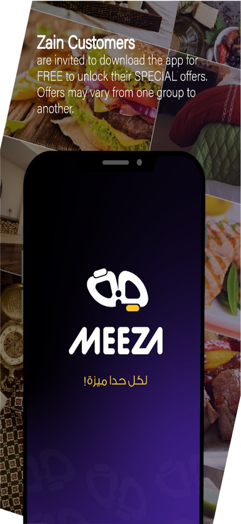 Meeza - Smartphone screen displaying the Meeza app logo and special lifestyle offers