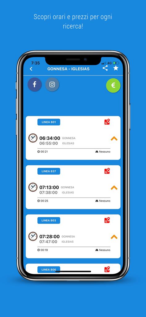 Arst Finder - Premium - Arst Finder Premium app displaying bus departure and arrival times for routes in Sardinia