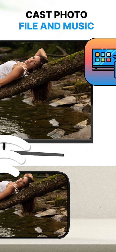Screen Mirroring TV Cast+ - An iPhone screen mirroring a photo of a woman on a log to a large smart TV