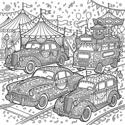 Get ready for an exciting journey into a whimsical carnival scene featuring beautifully decorated vintage passenger cars. This intricate coloring page invites you to bring a bustling fairground to life with your favorite colors.