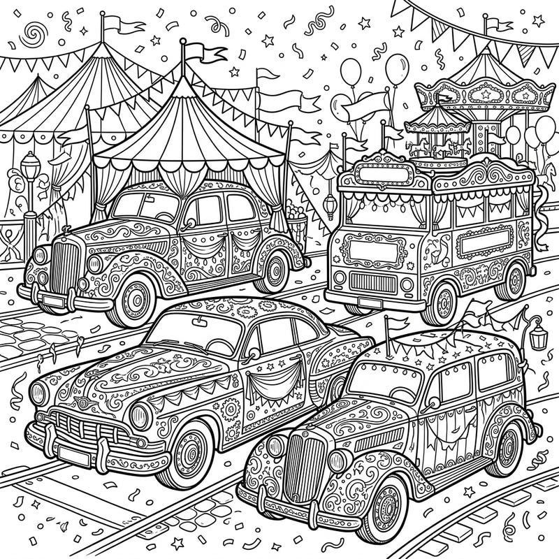 Get ready for an exciting journey into a whimsical carnival scene featuring beautifully decorated vintage passenger cars. This intricate coloring page invites you to bring a bustling fairground to life with your favorite colors.