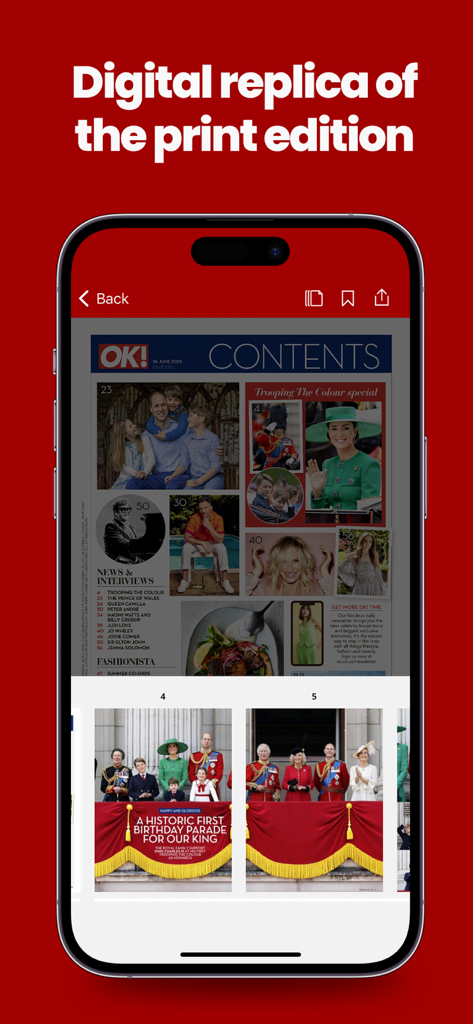 Interface der OK!-Magazin-App mit einer digitalen Kopie des Inhaltsverzeichnisses der Printausgabe über die britische Königsfamilie.