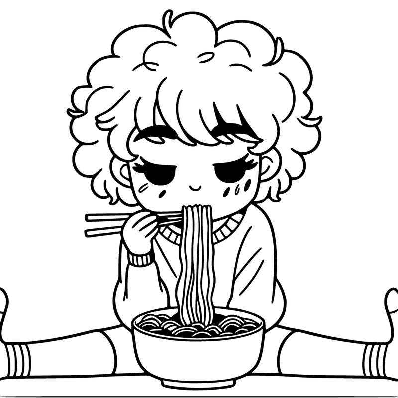 a girl with short curly hair in the splits eating ramen