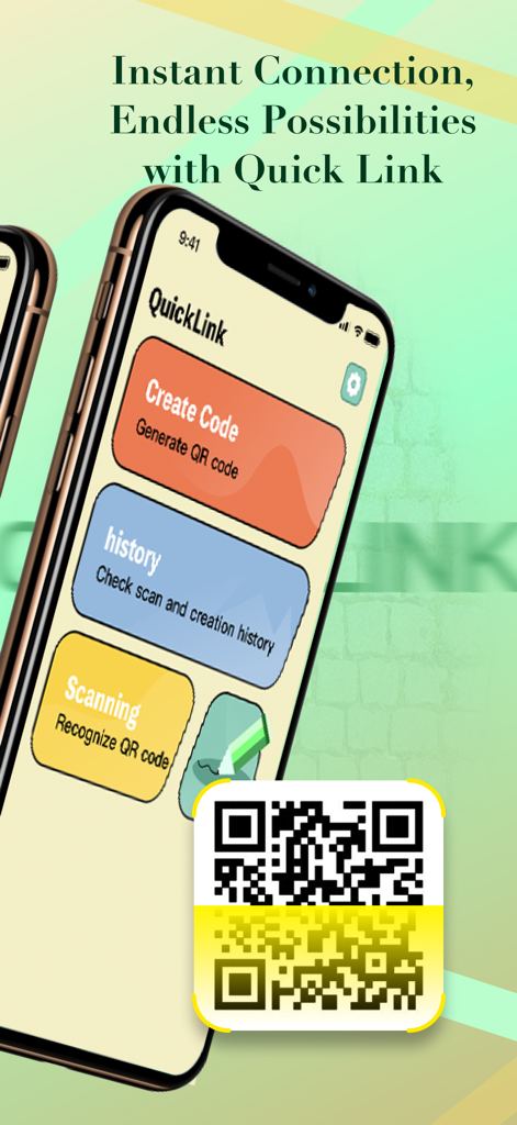 Mobile interface of the QuickLink app featuring buttons to create codes, view history, and scan QR codes