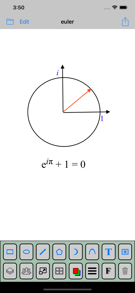 TechDraw min - Interface of TechDraw min displaying a unit circle diagram with an orange vector and Euler identity equation
