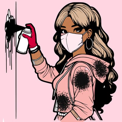 realistic girl with mask spray painting a wall