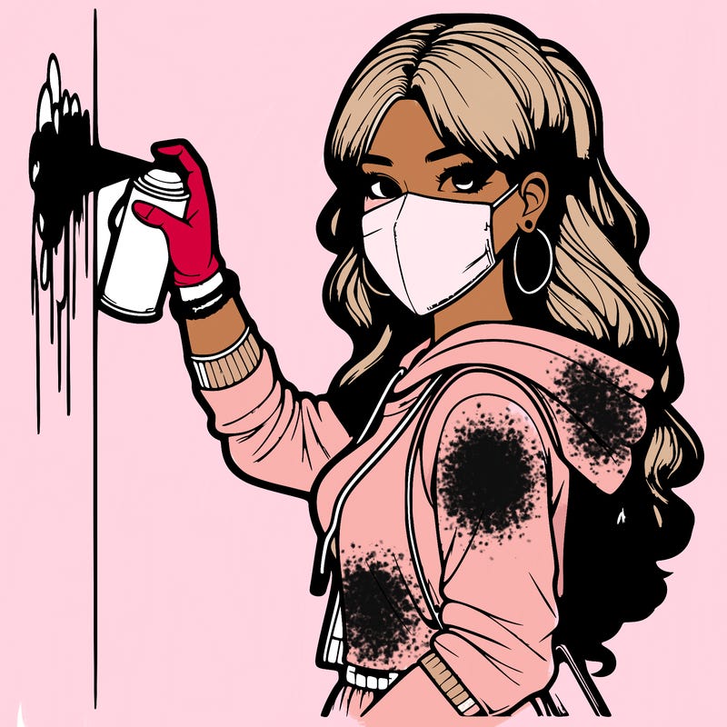 realistic girl with mask spray painting a wall