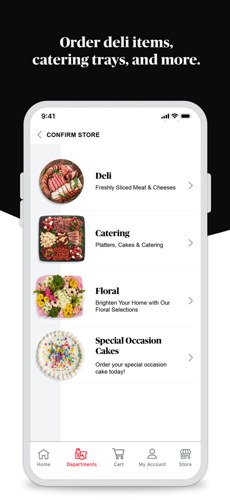 ShopRite Order Express - ShopRite Order Express app screen displaying departments for deli, catering, floral, and special occasion cakes.