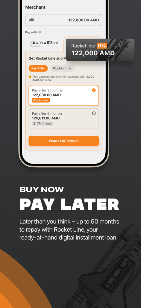 Idram & IDBank - Idram and IDBank app interface showing the Rocket Line buy now pay later installment loan options