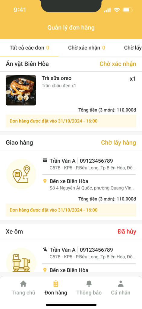 GiaoNhanhVNアプリの注文管理インターフェース、ベトナムスナックとミルクティー配達のステータス更新を表示