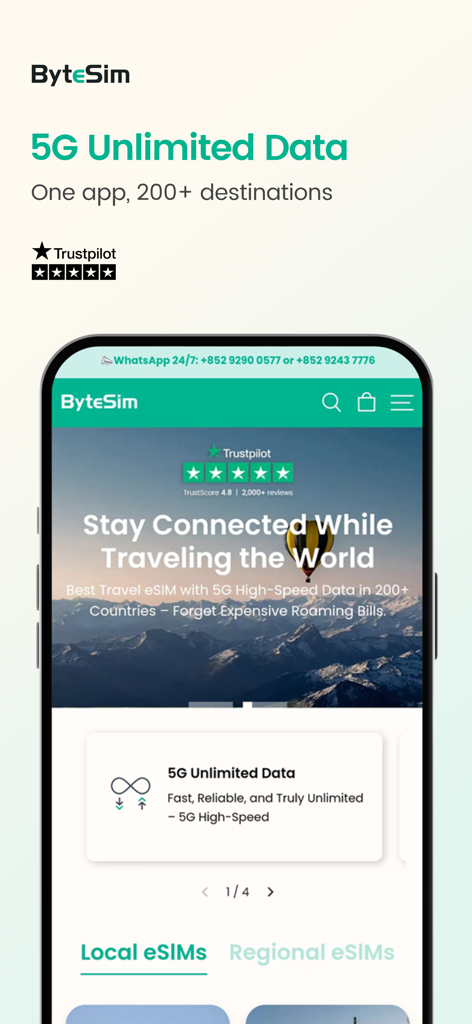 ByteSIM eSIM - Data Plan - Interface de l'application mobile ByteSIM montrant des forfaits de données 5G illimitées pour les voyages internationaux dans plus de 200 pays
