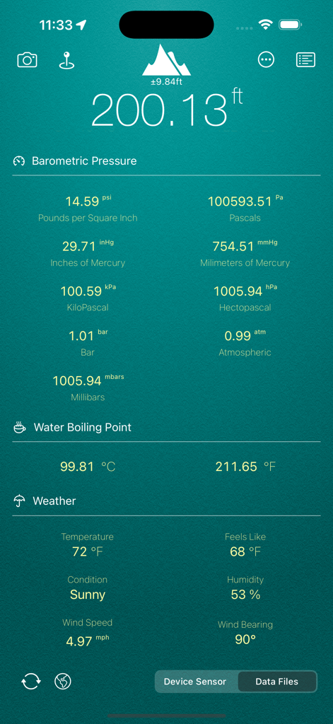 My Altitude app interface showing real-time elevation barometric pressure and local weather