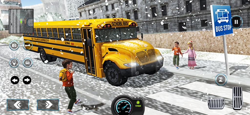 Student Transporter School Bus - A yellow school bus stopped at a snowy bus stop to pick up children in a driving simulation game.