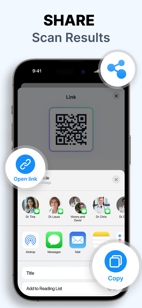 Interface for sharing and managing scanned QR code results including open and copy options