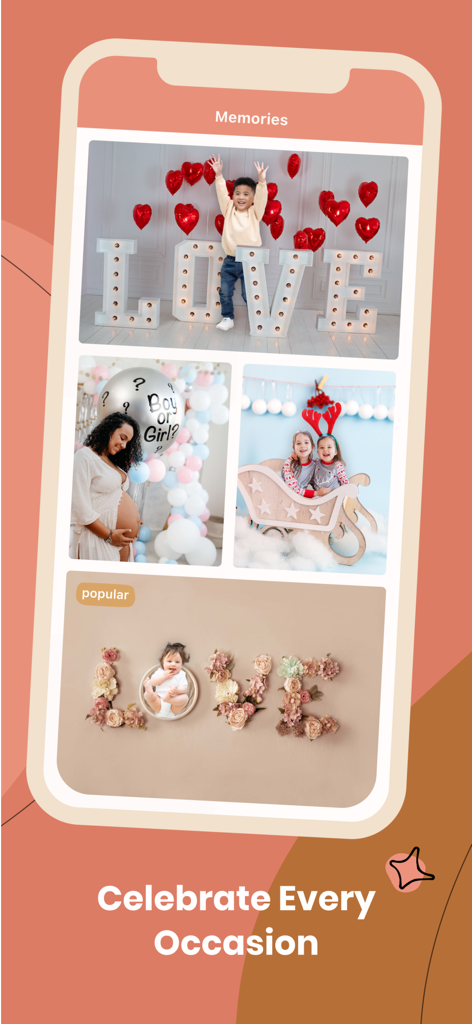 Galería de recuerdos de la aplicación Ovil que muestra un collage de fotos editadas de bebés y familias para diferentes ocasiones