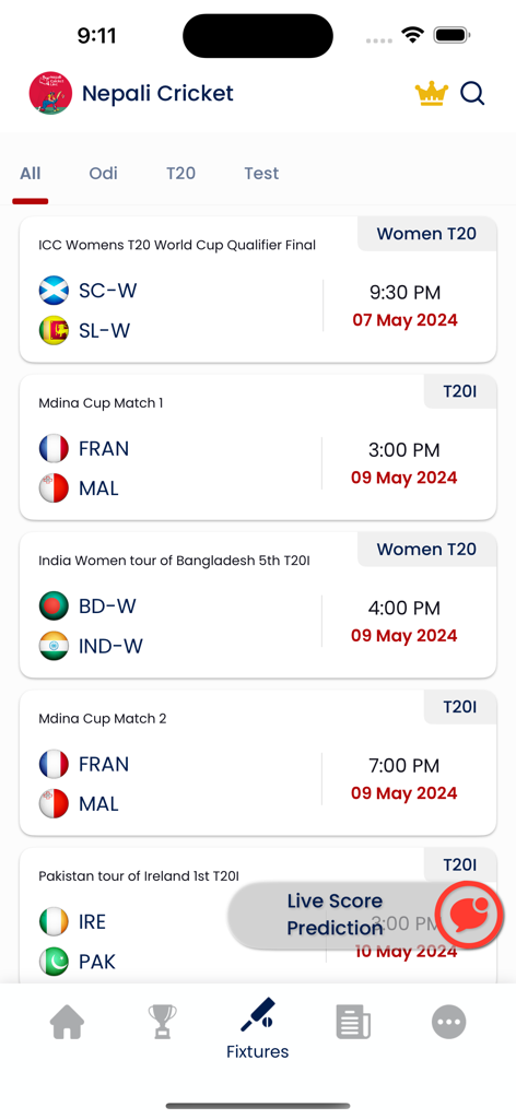 Live Star Sports - Live Star Sportsアプリのフィクスチャ画面に、今後のクリケットの試合とスケジュールが表示されています