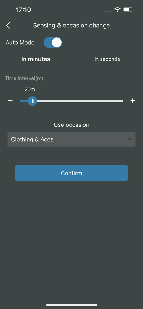 Oberfläche der PROLED Smart Control App, die die Einstellungen für Sensorik und Anlasswechsel für eine Einzelhandelsbekleidungsumgebung zeigt.