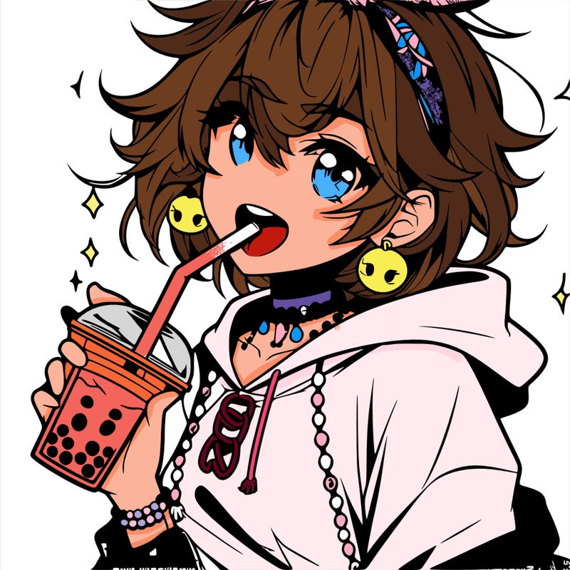 hot baddie anime girl drinking boba and biting the straw