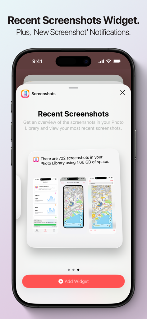 Screenshots Pro - A preview of the recent screenshots widget and notifications feature on an iPhone