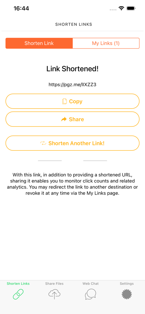 App interface showing a shortened link with options to copy and share for link management and analytics