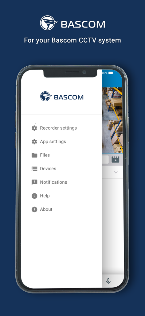 Bascom CCTV mobile app showing the navigation menu over a live camera feed of a warehouse.