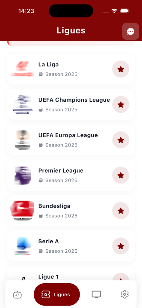 Screenshot of the Yacine TV app showing a list of major football leagues like La Liga, Champions League, and Premier League.