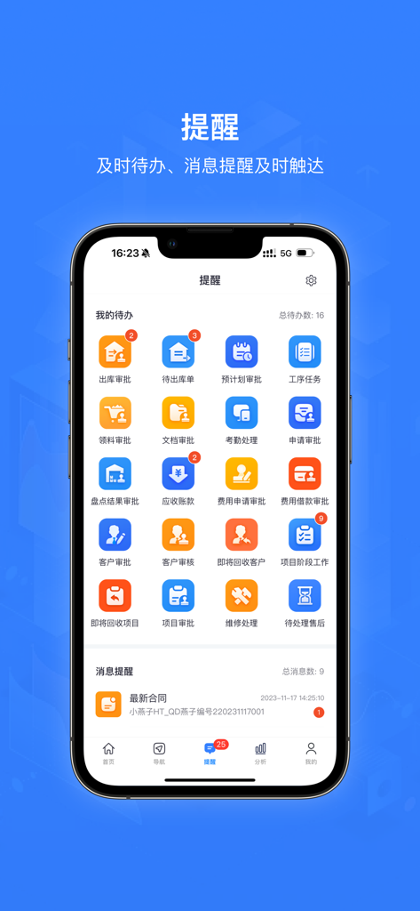 Zhibang ERP mobile interface displaying reminders and various todo task icons for business approvals and workflow management