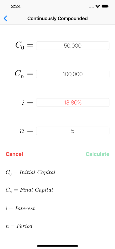 Interface of FinCalcPro app calculating the interest rate for a continuously compounded investment with inputs for initial capital final capital and period