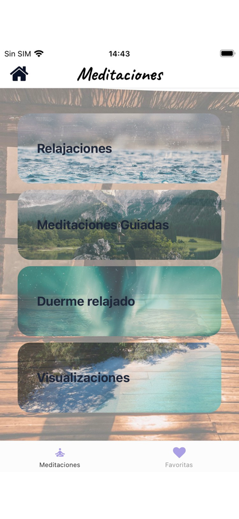 psicosinlimites - App screen showing meditation categories for relaxation guided meditations sleep and visualizations