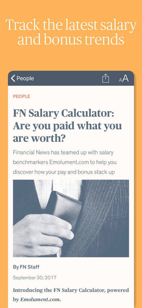 Financial News - Pantalla de la aplicación Financial News que muestra la calculadora de salarios y las tendencias de bonificaciones para profesionales financieros