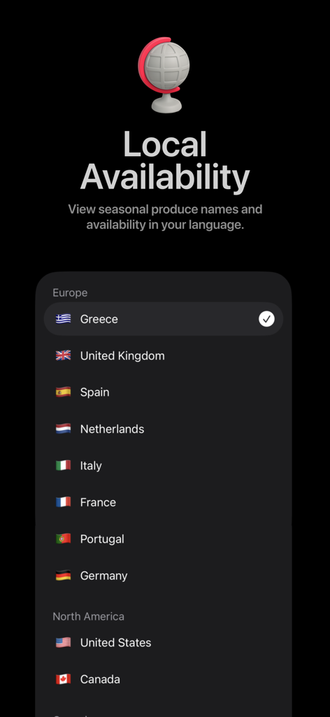 In Season: Seasonal Produce - Mobile app screen showing a list of countries for local seasonal produce selection including Greece, United Kingdom, and United States.