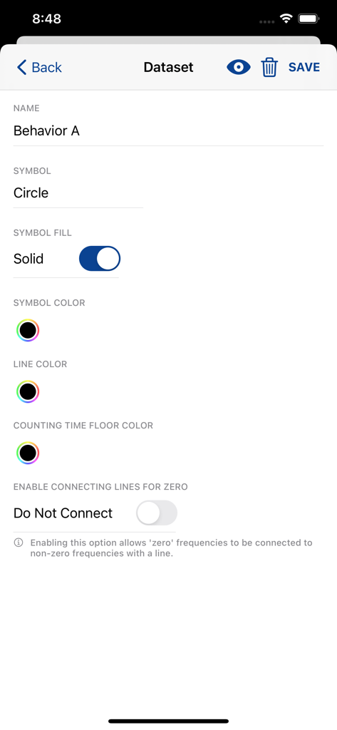 AimStar Pro - AimStar Pro dataset settings screen showing options for behavior symbols and colors.