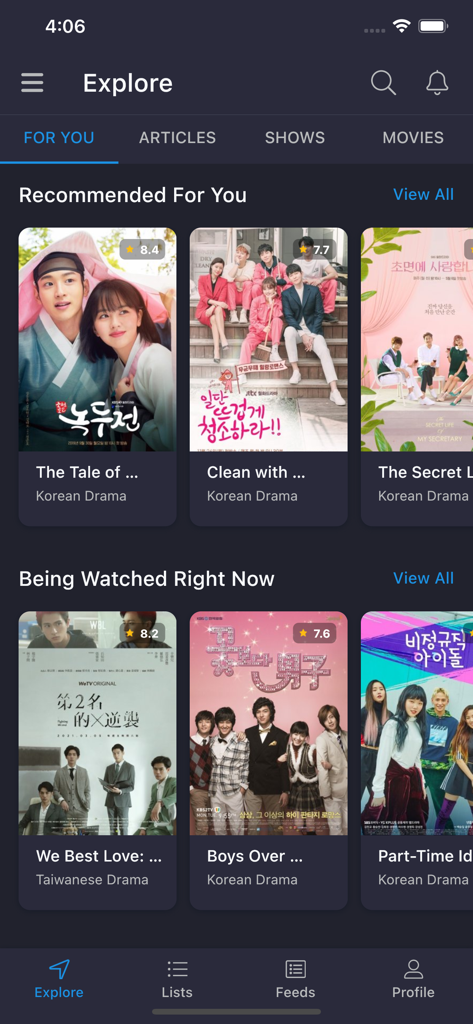 The Explore screen of the MyDramaList app featuring recommended Asian dramas and trending shows.