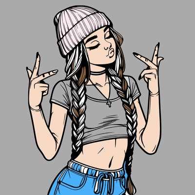 realistic teenage girl with braids and a beanie and crop top doing 🫶🏼