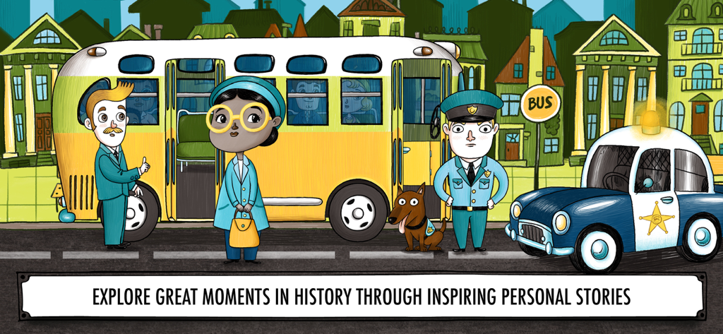 Cartoon illustration of Rosa Parks standing in front of a city bus with a police officer and car