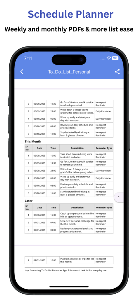 Daily Schedule Planner: Notify - A personal to-do list exported as a professional PDF report within the Daily Schedule Planner app