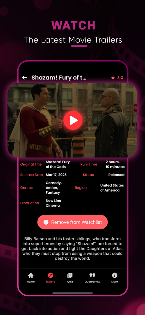 Seekee Movies : Films & Shows - Seekee app screen showing movie details and trailer play button for Shazam