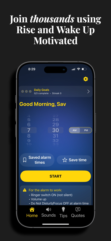 Rise - Motivational Alarm - Rise motivational alarm app home screen showing alarm time selection and start button