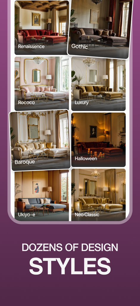 Interior Design: Home Decor AI - Un collage que muestra diferentes estilos arquitectónicos y de diseño de interiores como Renacimiento y Gótico generados por IA